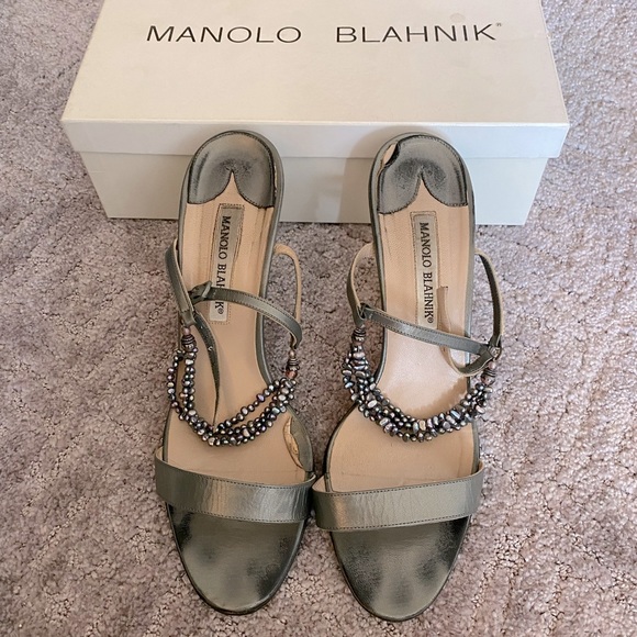Manolo Blahnik Gunmetal Beaded” Meme” Sandals sz 39 (8.5/9 US) VGUC - Picture 3 of 7